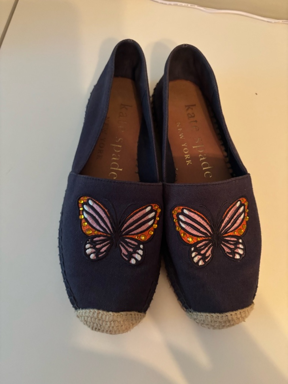 kate spade navy canvas espadrilles with embroidered pink butterfly